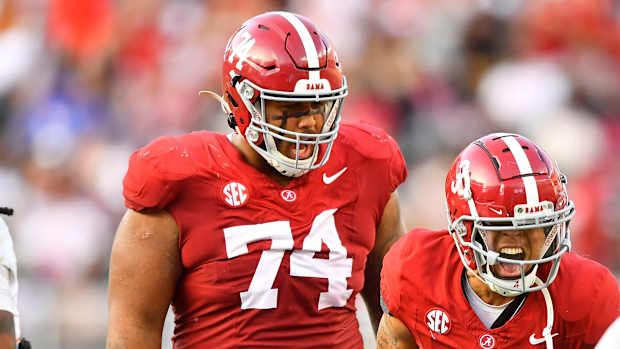 Alabama wide receiver Jermaine Burton (3) and offensive lineman Kadyn Proctor (74) celebrating after a play during an NCAA college football game between Tennessee and Alabama at Bryant-Denny Stadium in Tuscaloosa, Ala., on Saturday, Oct. 21, 2023.